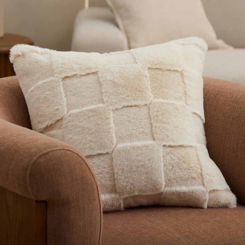 Clea Natural Check Recycled Fur Cushion