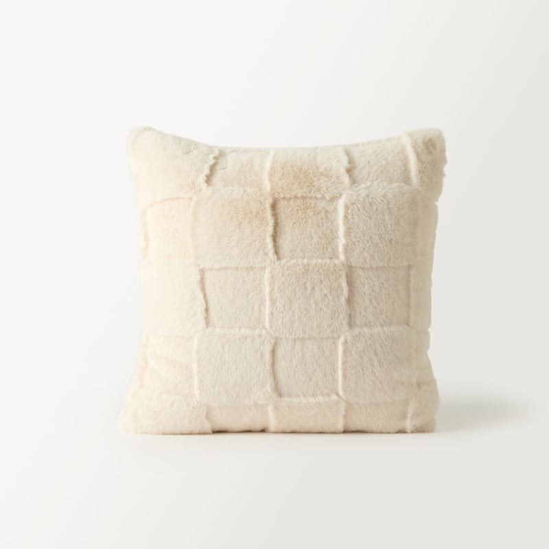 Clea Natural Check Recycled Fur Cushion