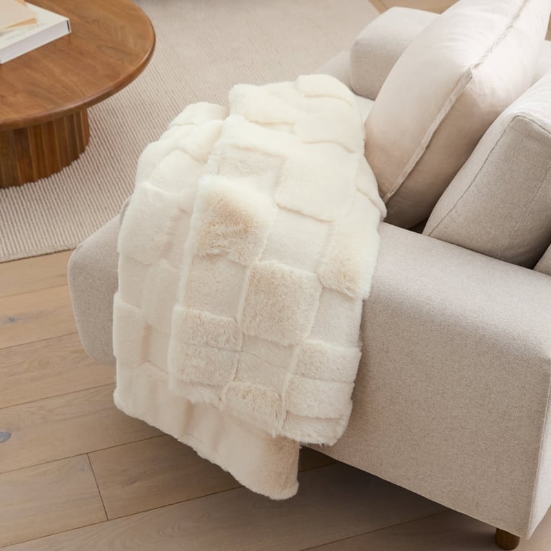 Clea Natural Check Recycled Fur Throw 