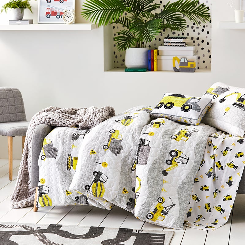Roadworks Quilted Grey & Yellow Quilt Cover Set