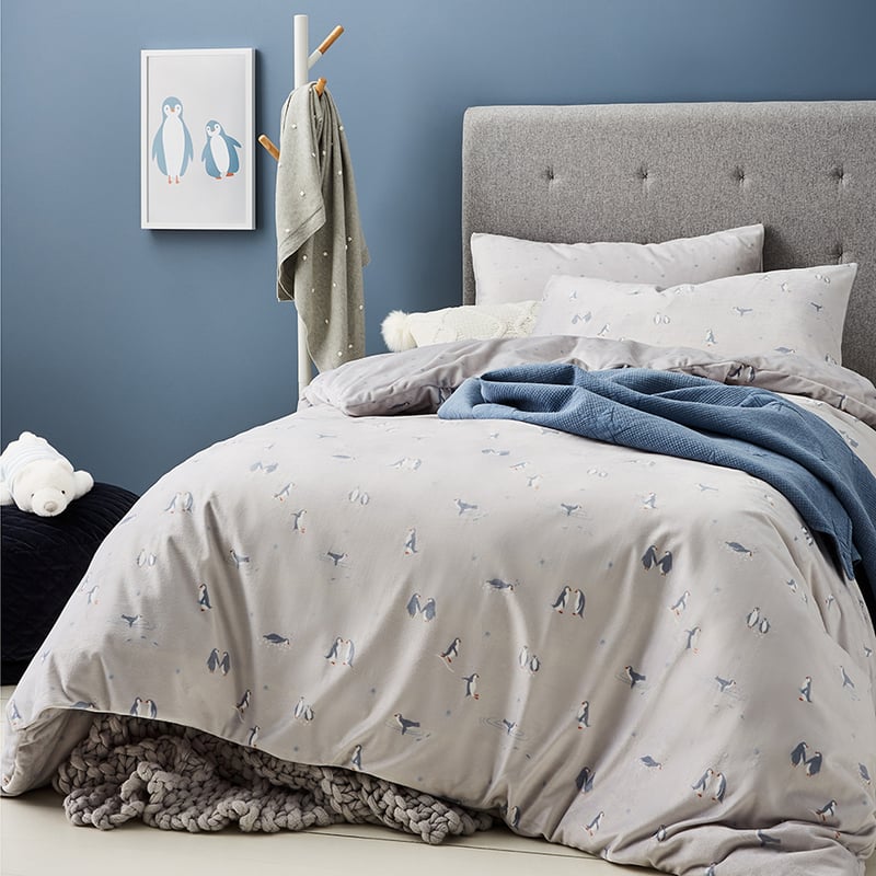 Super Soft Velour Penguin Quilt Cover Set in Grey