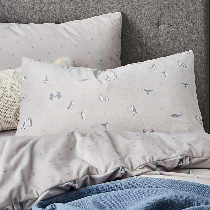 Super Soft Velour Penguin Quilt Cover Set in Grey