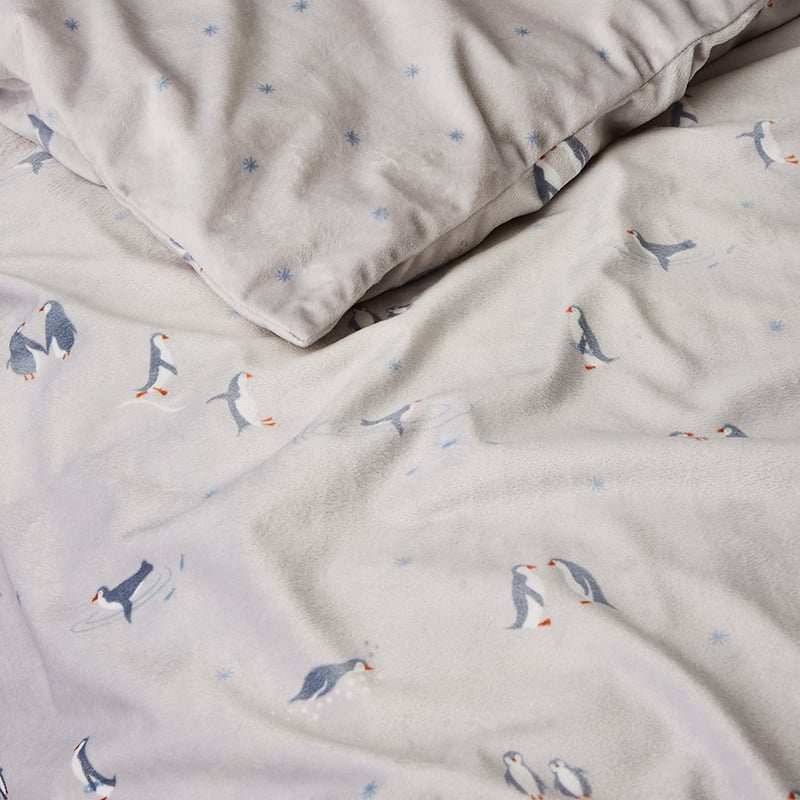 Super Soft Velour Penguin Quilt Cover Set in Grey