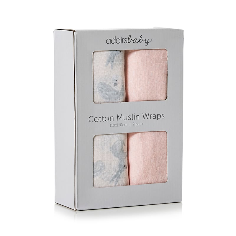 Cotton Muslin Baby Wraps Pink Animals & Spots Pack of 2