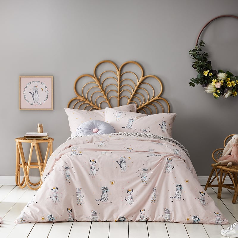 Night Cat Pale Pink Stonewash Cot  Quilt Cover Set