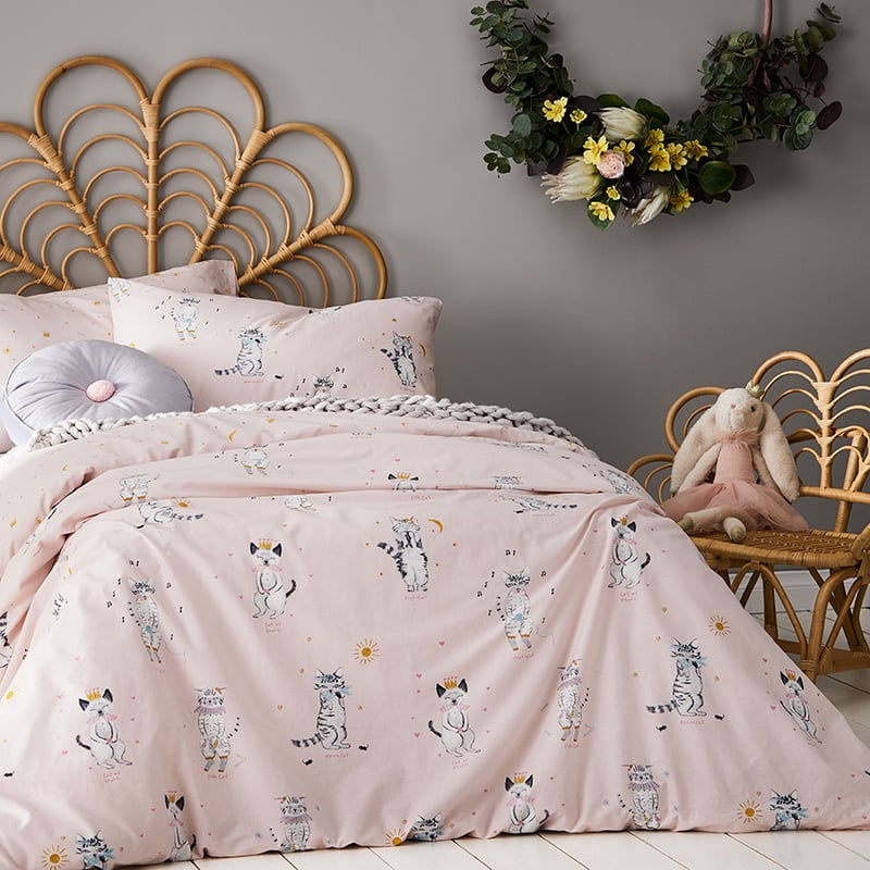 Night Cat Pale Pink Stonewash Cot  Quilt Cover Set