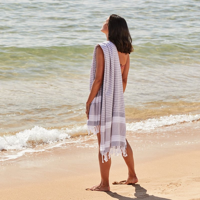 European Turkish Peshtemal Marmaris Stripe Grey Beach Towel