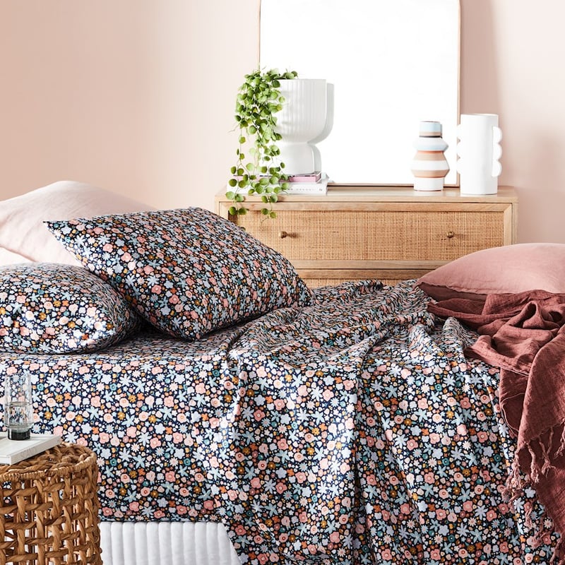 Printed Navy Flower Bomb Flannelette Sheet Set + Pillowcases