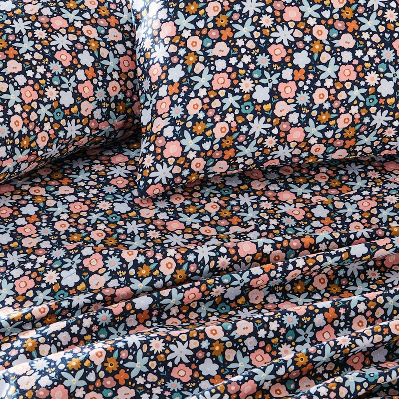 Printed Navy Flower Bomb Flannelette Sheet Set + Pillowcases