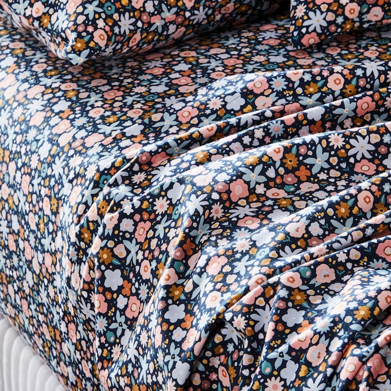 Printed Navy Flower Bomb Flannelette Sheet Set + Pillowcases