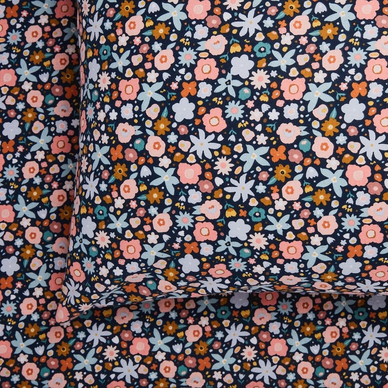 Printed Navy Flower Bomb Flannelette Sheet Set + Pillowcases