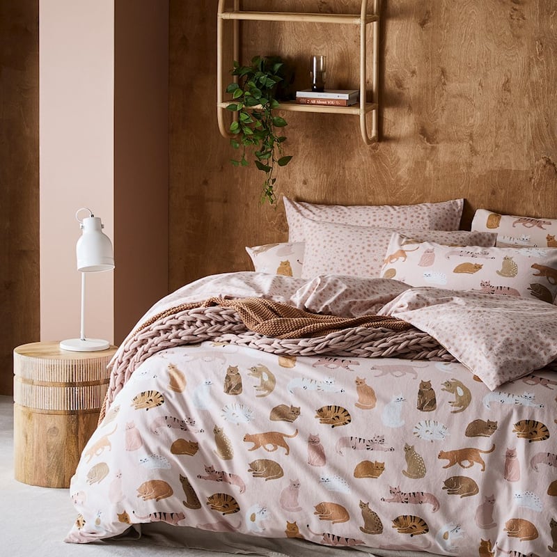 Printed Flannelette Pink Cat Quilt Cover Set