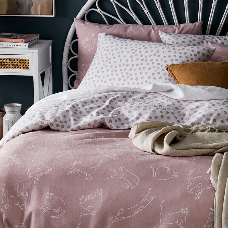 Printed Flannelette Pink Cat Quilt Cover Set