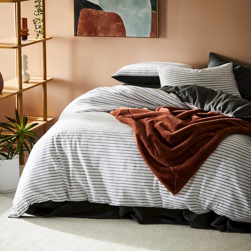 Super Soft Brushed Flannelette Charcoal Stripe Quilt Cover + Pillowcases