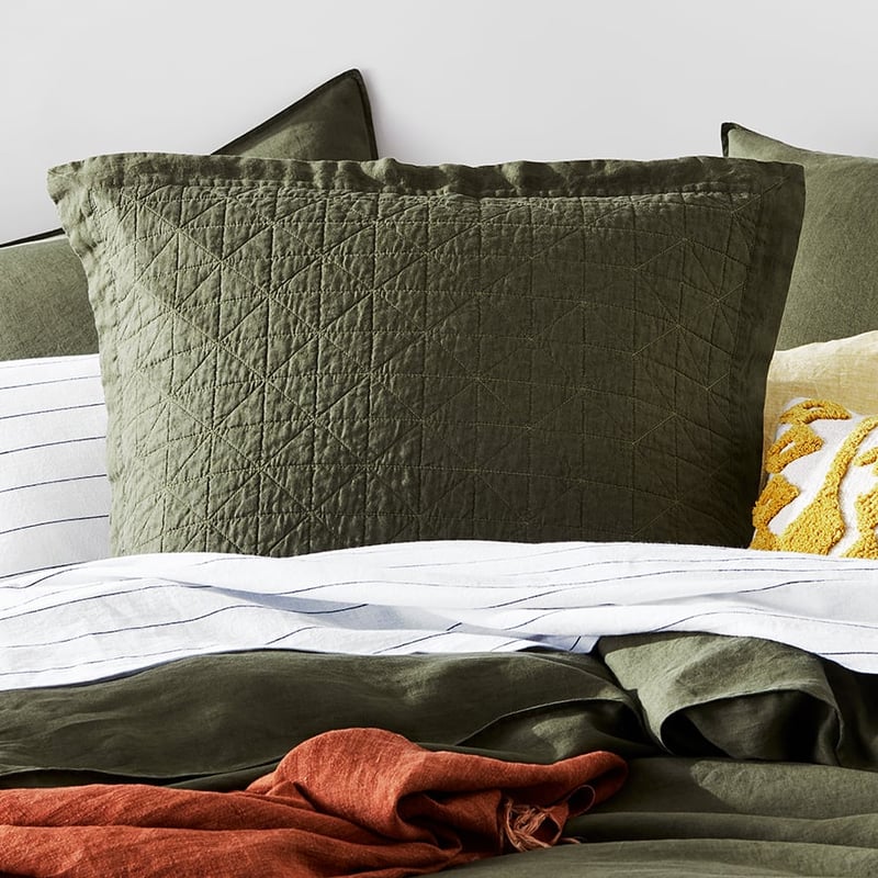 Vintage Washed Linen Moss Quilted Pillowcase