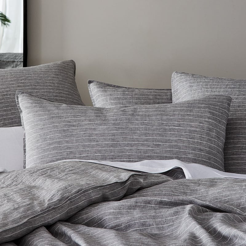 Vintage Washed Linen Grey Marle & White Stripe Pillowcase