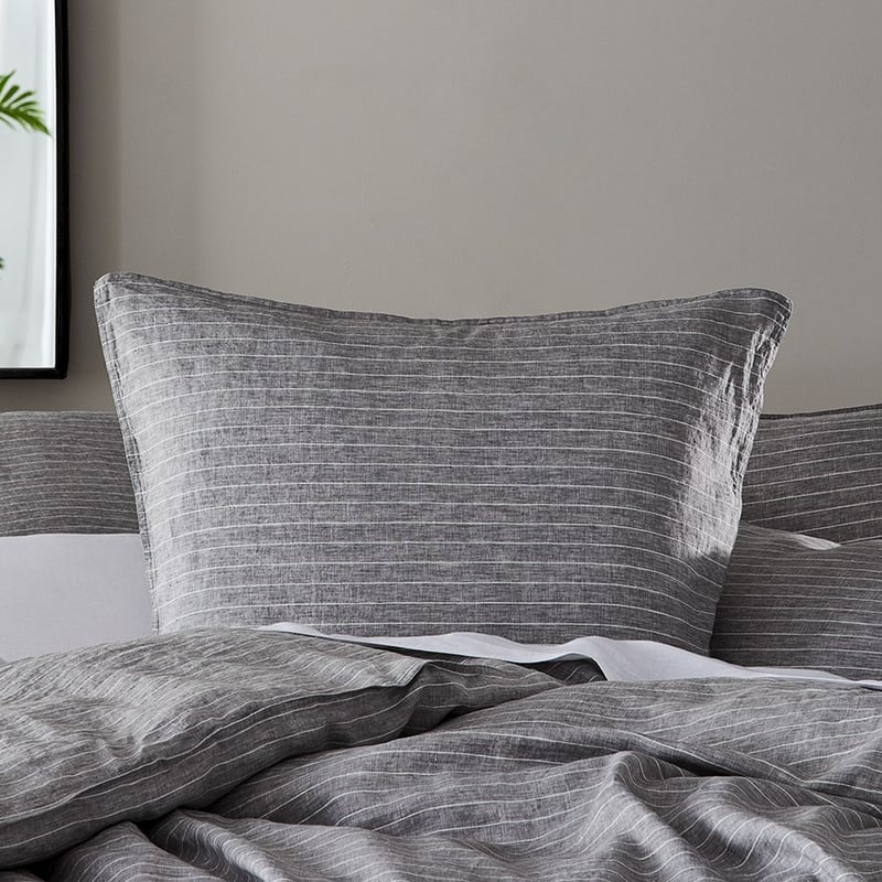 Vintage Washed Linen Grey Marle & White Stripe Pillowcase