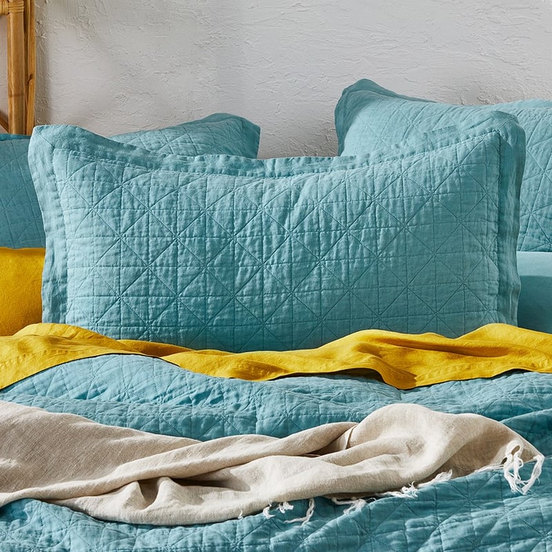 Vintage Washed Linen Marine Quilted Pillowcase