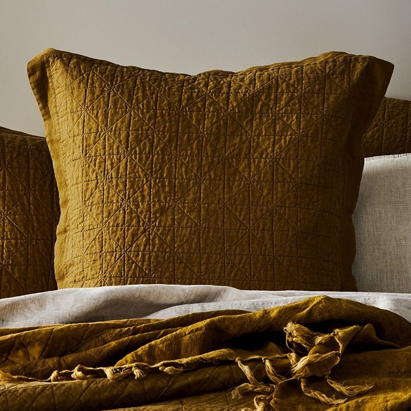 Vintage Washed Linen Olive Oil Quilted Pillowcase