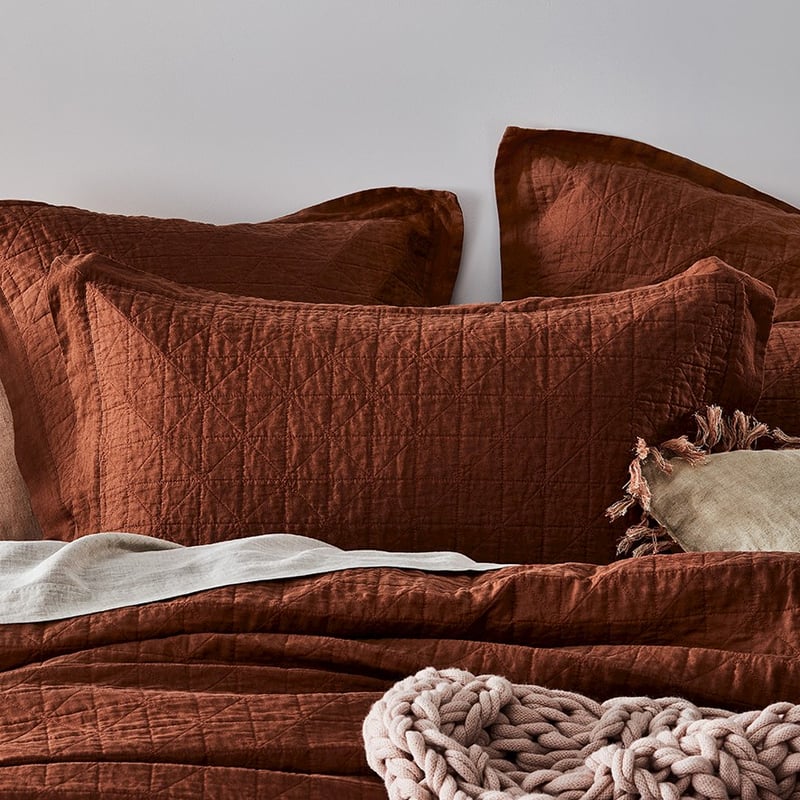 Vintage Washed Linen Paprika Quilted Pillowcase