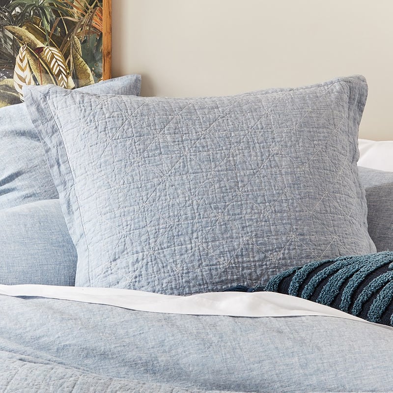 Vintage Washed Linen Sky Blue Quilted Pillowcase