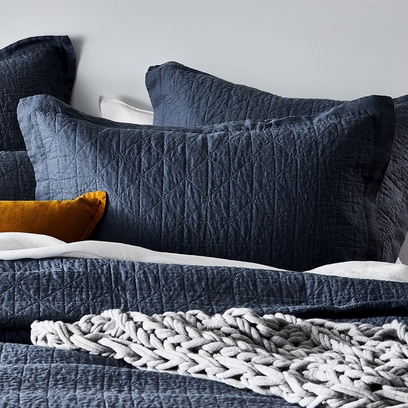 Vintage Washed Linen Steel Blue Quilted Pillowcase