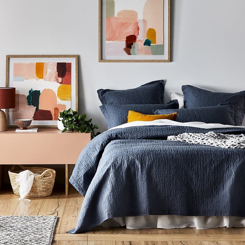 Vintage Washed Linen Steel Blue Quilted Pillowcase