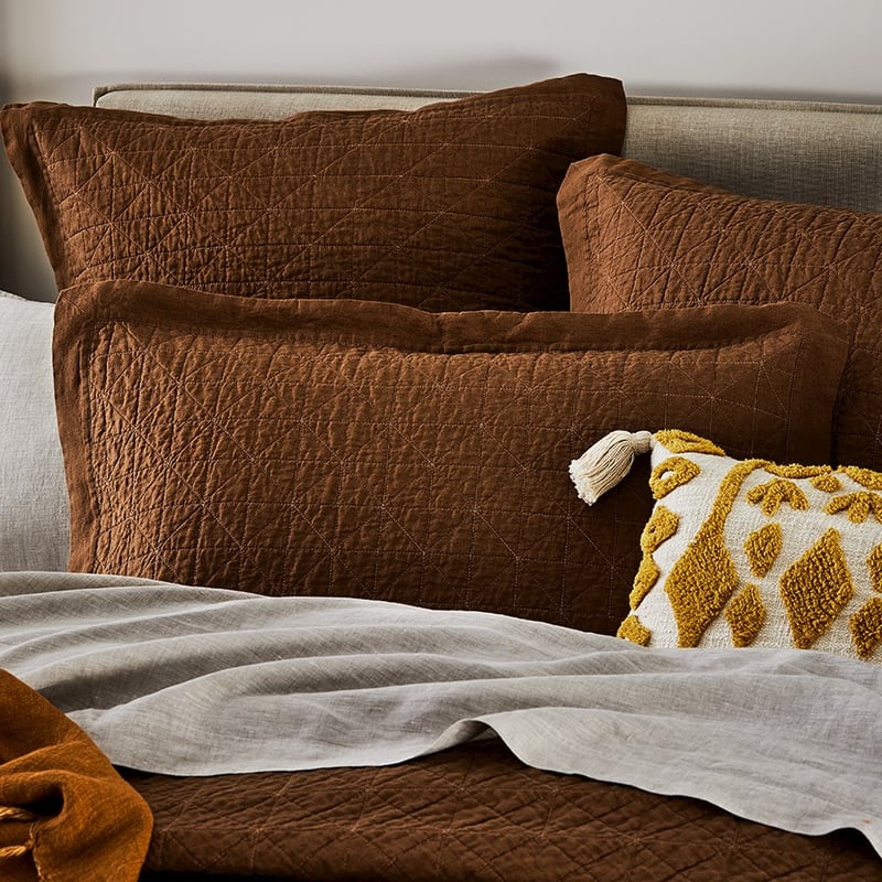 Vintage Washed Linen Tobacco Quilted Pillowcase
