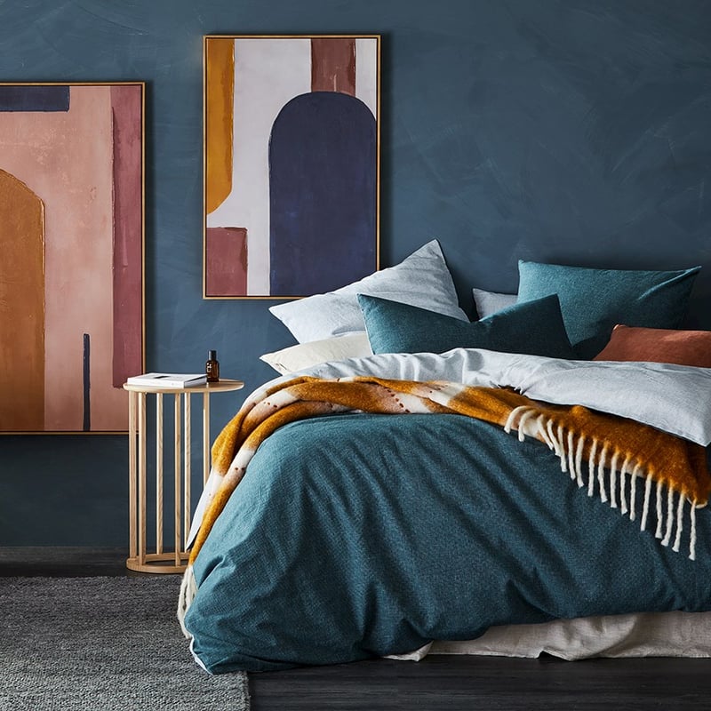 Vintage Washed Linen Cotton Teal Check Pillowcase