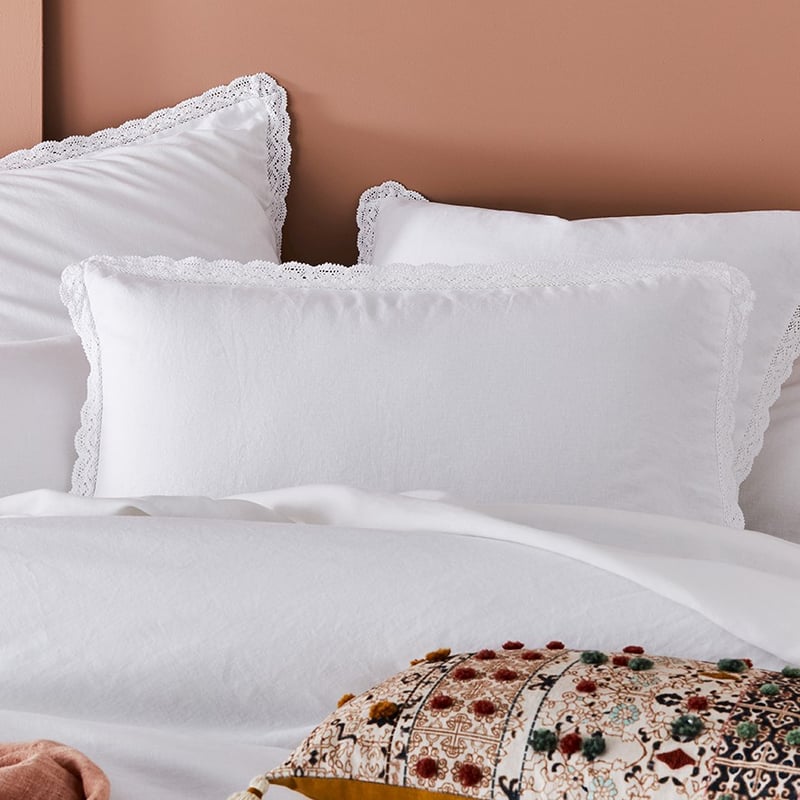 Vintage Washed Linen Cotton White Lace Pillowcase