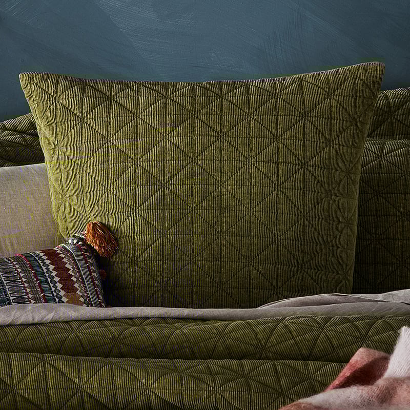 Vintage Washed Corduroy Quilted Antique Green Pillowcase