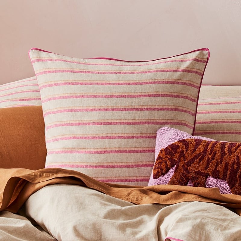 Vintage Washed Linen Cotton Raspberry Stripe Pillowcase