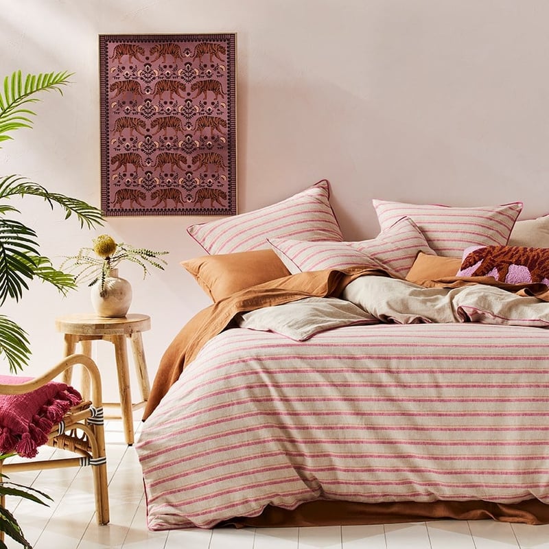 Vintage Washed Linen Cotton Raspberry Stripe Pillowcase