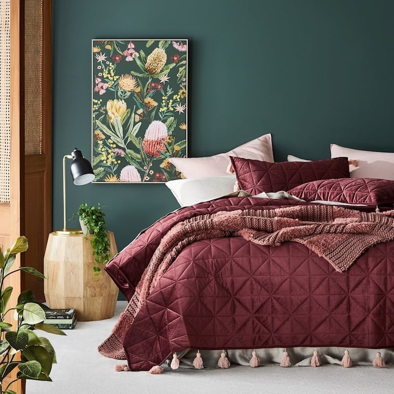 Stevie Velvet Quilted Coverlet Single/Double Burgandy Coverlet