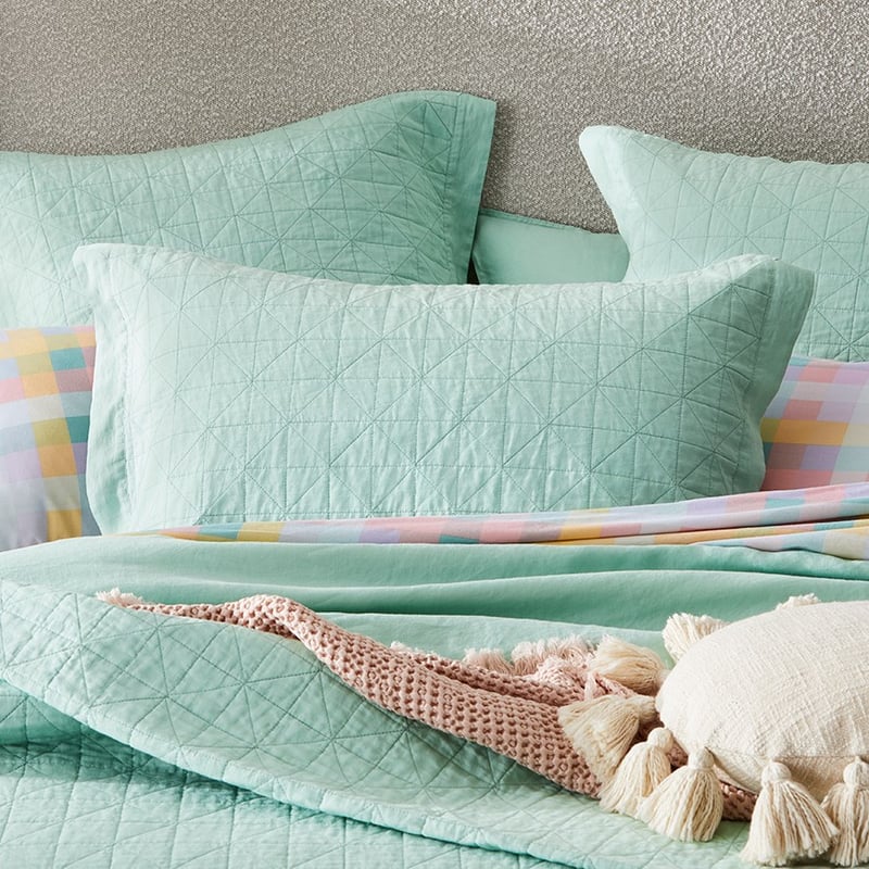 Vintage Washed Linen Dusty Mint Quilted Pillowcase
