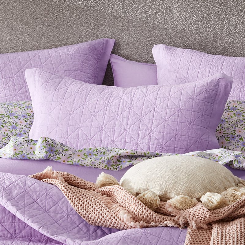 Vintage Washed Linen Pastel Lilac Quilted Pillowcase