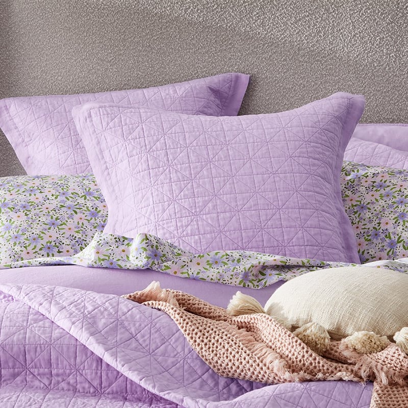 Vintage Washed Linen Pastel Lilac Quilted Pillowcase