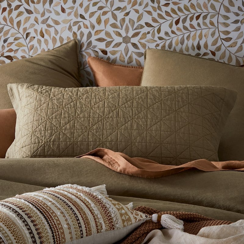 Vintage Washed Linen Soft Olive Quilted Pillowcase