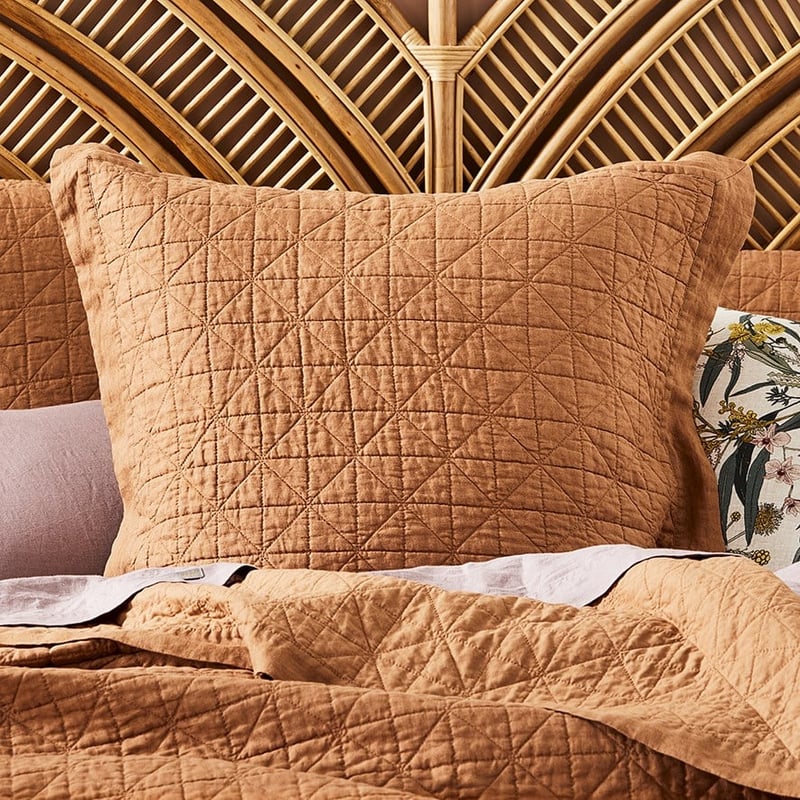 Vintage Washed Linen Caramel Quilted Pillowcase