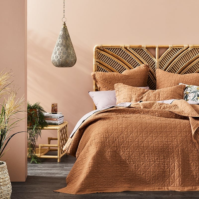 Vintage Washed Linen Caramel Quilted Pillowcase