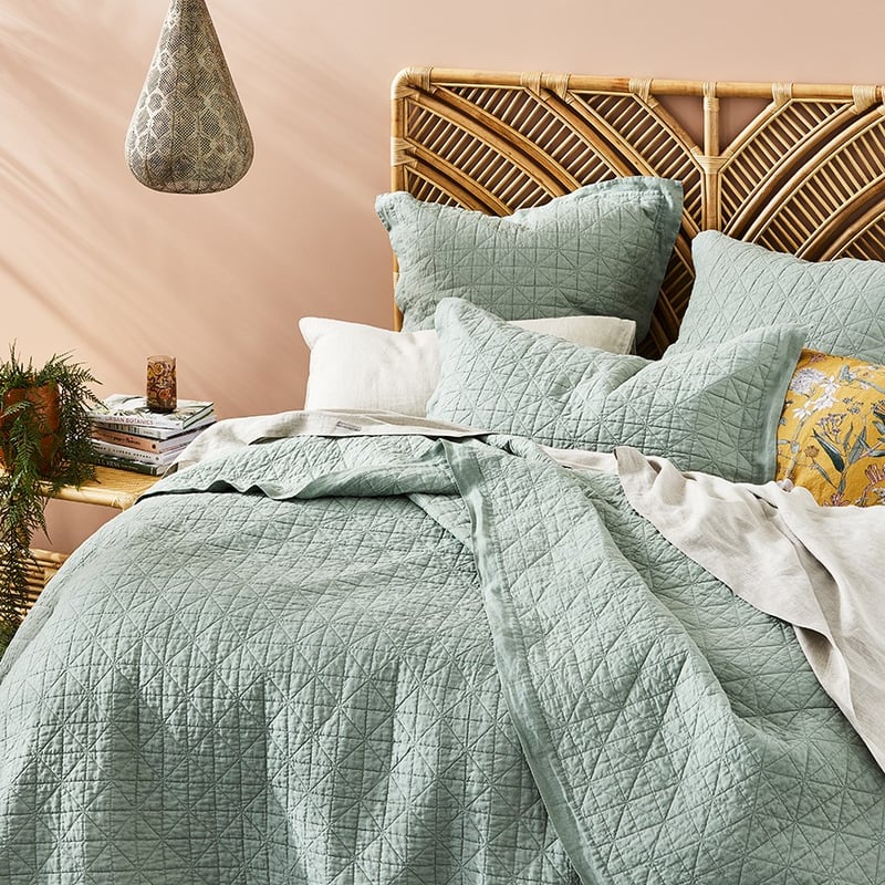 Vintage Washed Linen Eucalyptus Quilted Pillowcase