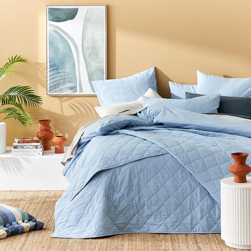 Stonewashed Cotton Sea Blue Quilted Pillowcase