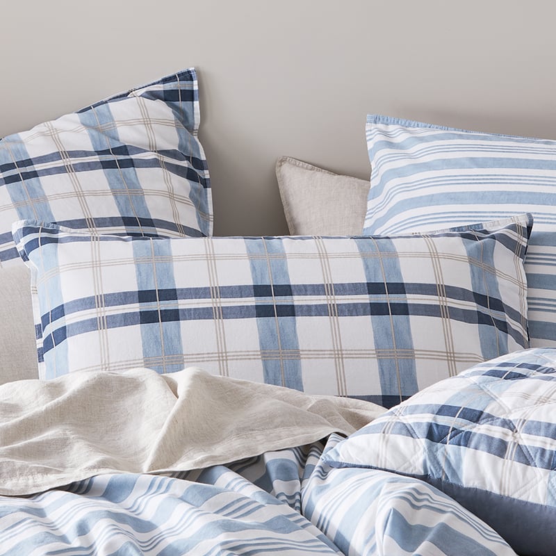 Stonewashed Printed Cotton Blue Check Pillowcase
