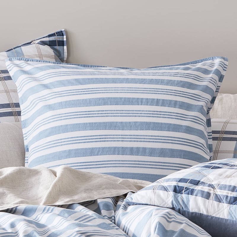 Stonewashed Printed Cotton Blue Check Pillowcase