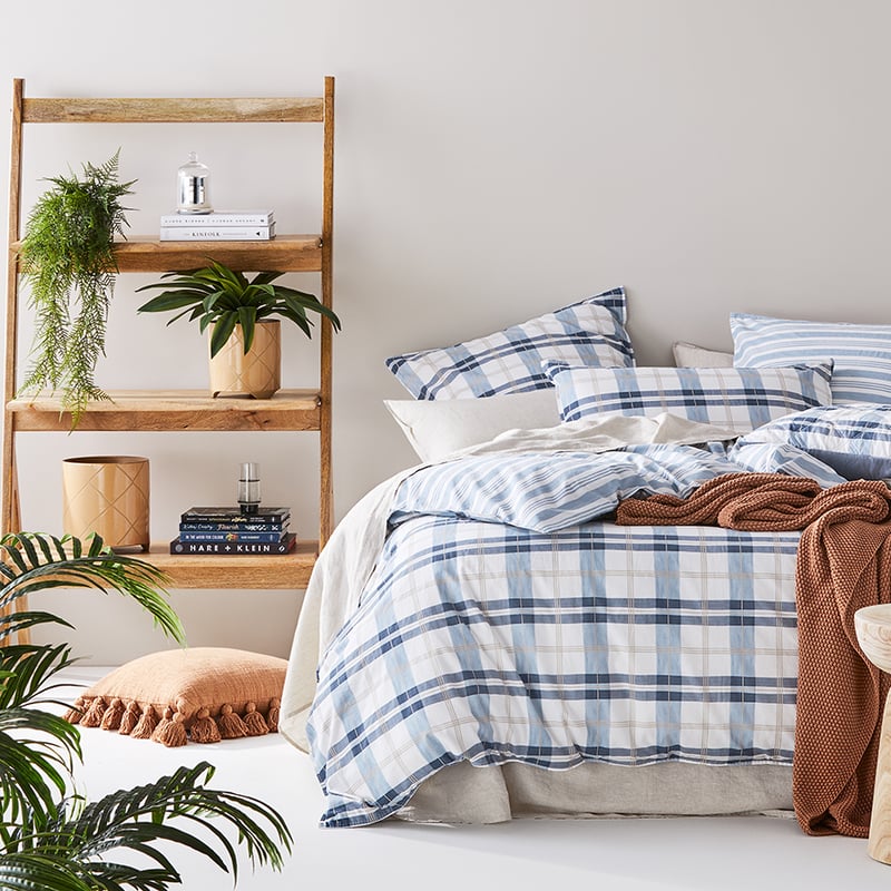 Stonewashed Printed Cotton Blue Check Pillowcase