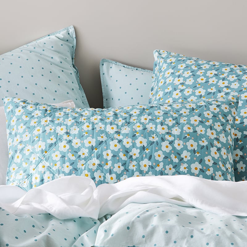 Stonewashed Cotton Printed Sage Daisy Quilted Pillowcase