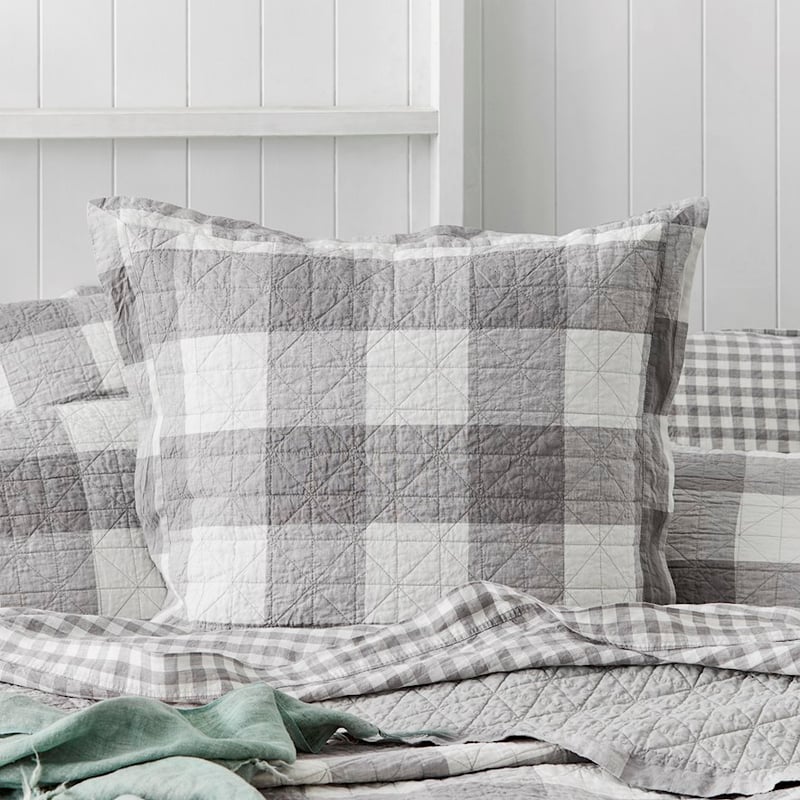 Vintage Washed Linen Grey Marle Check Quilted Pillowcase