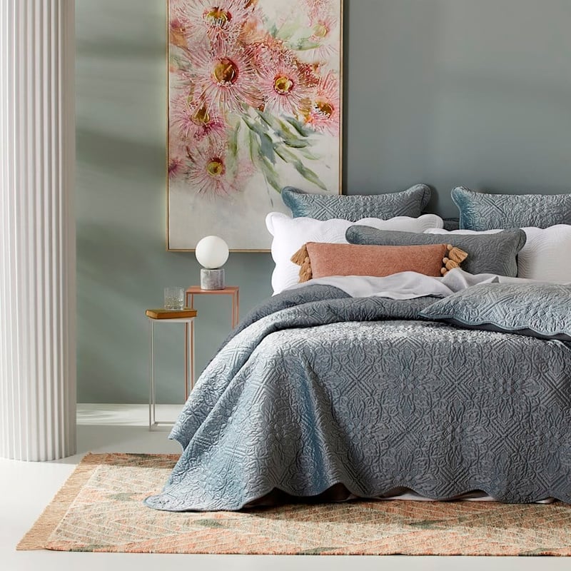Vera Silver Blue Quilted Velvet Coverlet