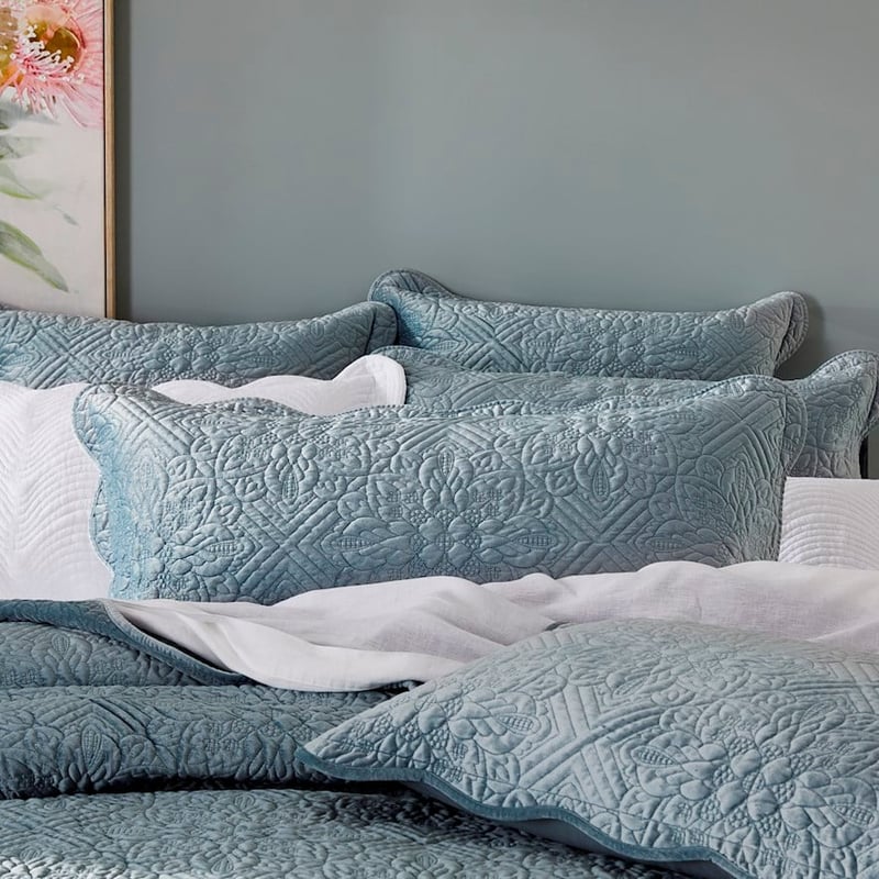 Vera Silver Blue Quilted Velvet Coverlet