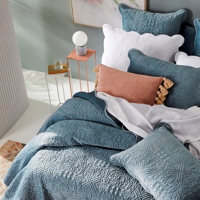 Vera Silver Blue Quilted Velvet Coverlet
